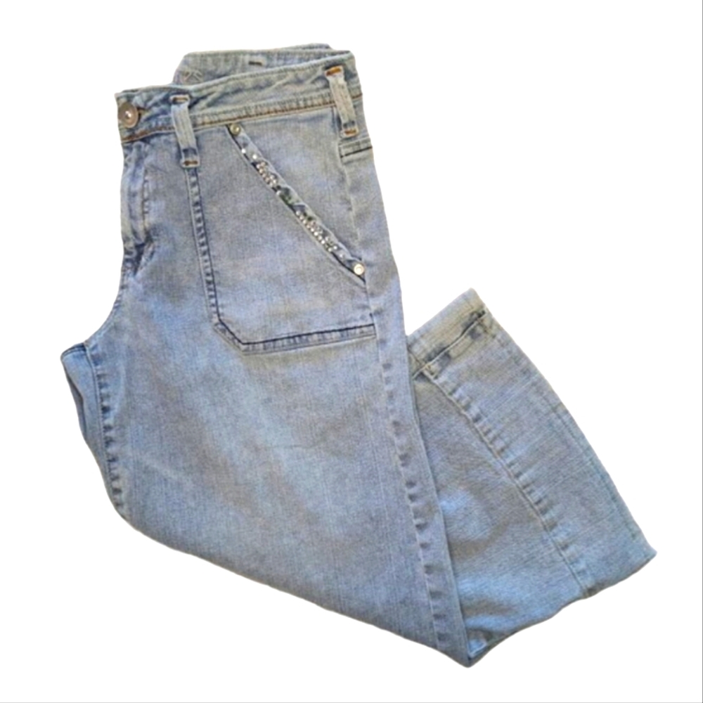 Americana Blues Light Wash Slant Pocket Bedazzled Denim Crops Capris Size 9
